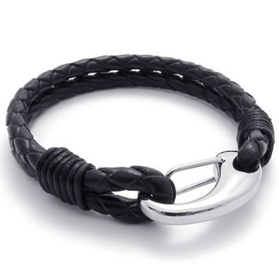 Konov Jewelry Black Leather Mens Bracelet Stainless